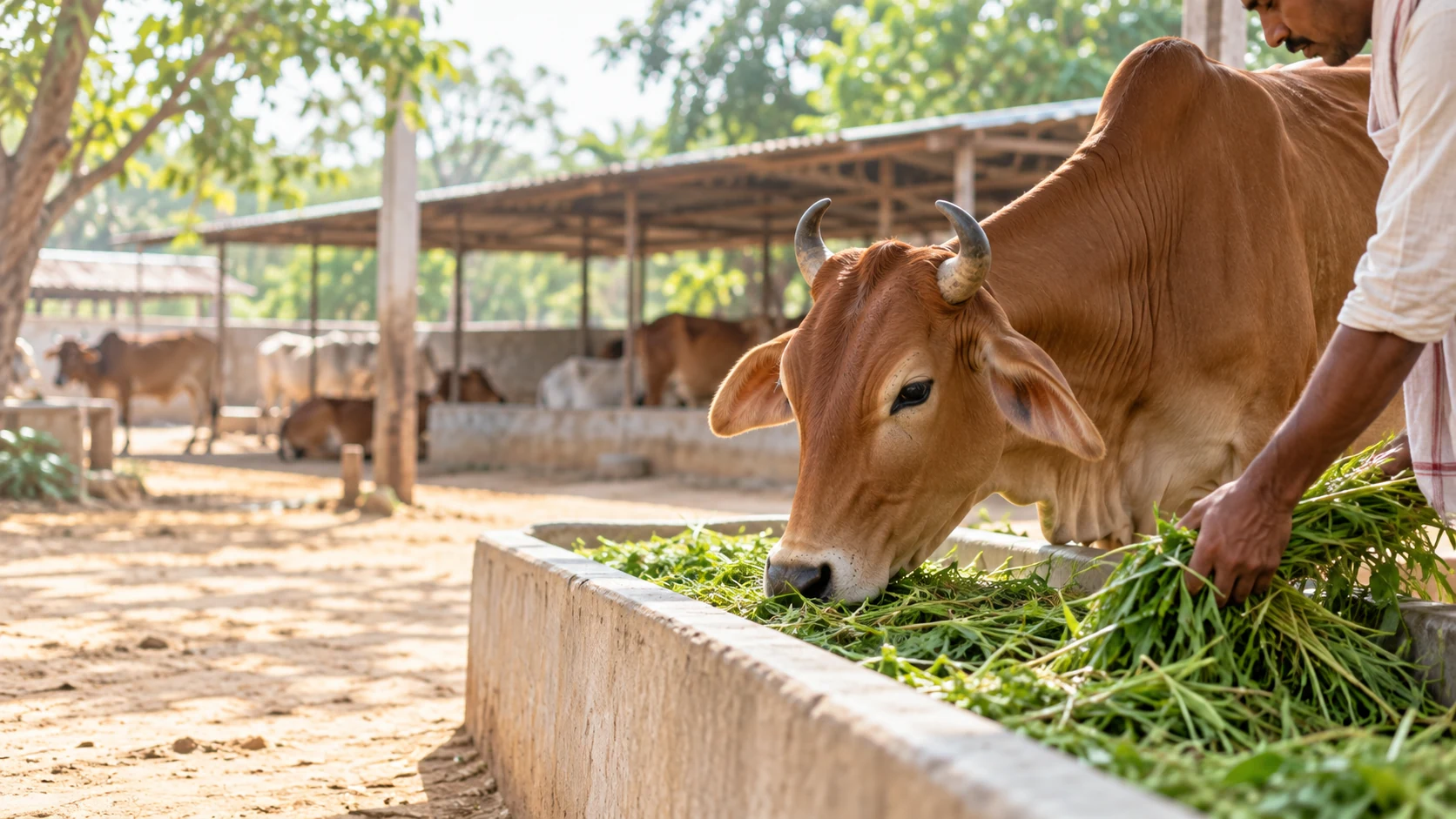 Gau Mata and calf beside fresh, nutritious fodder